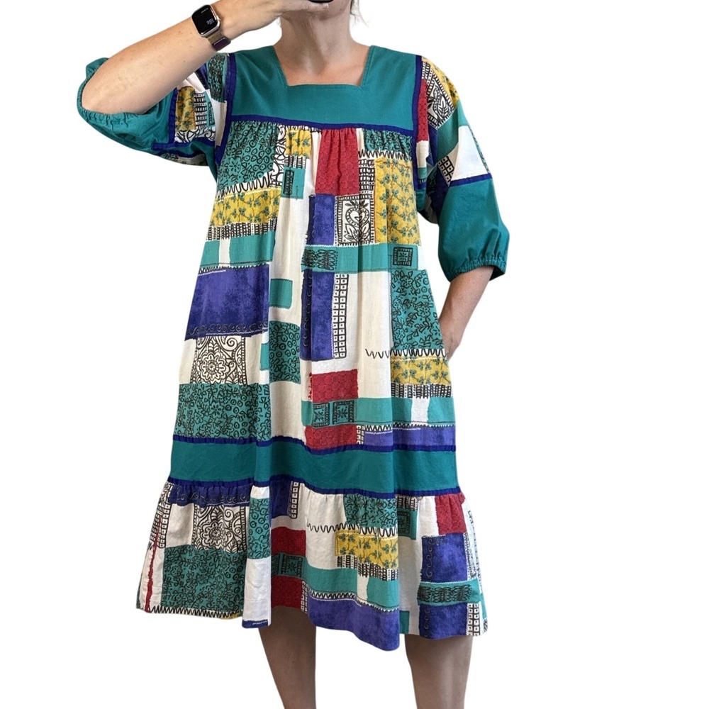Krist Gudnason Vintage Midi Lounge Caftan Patchwork Patio Dress Size L Pockets
